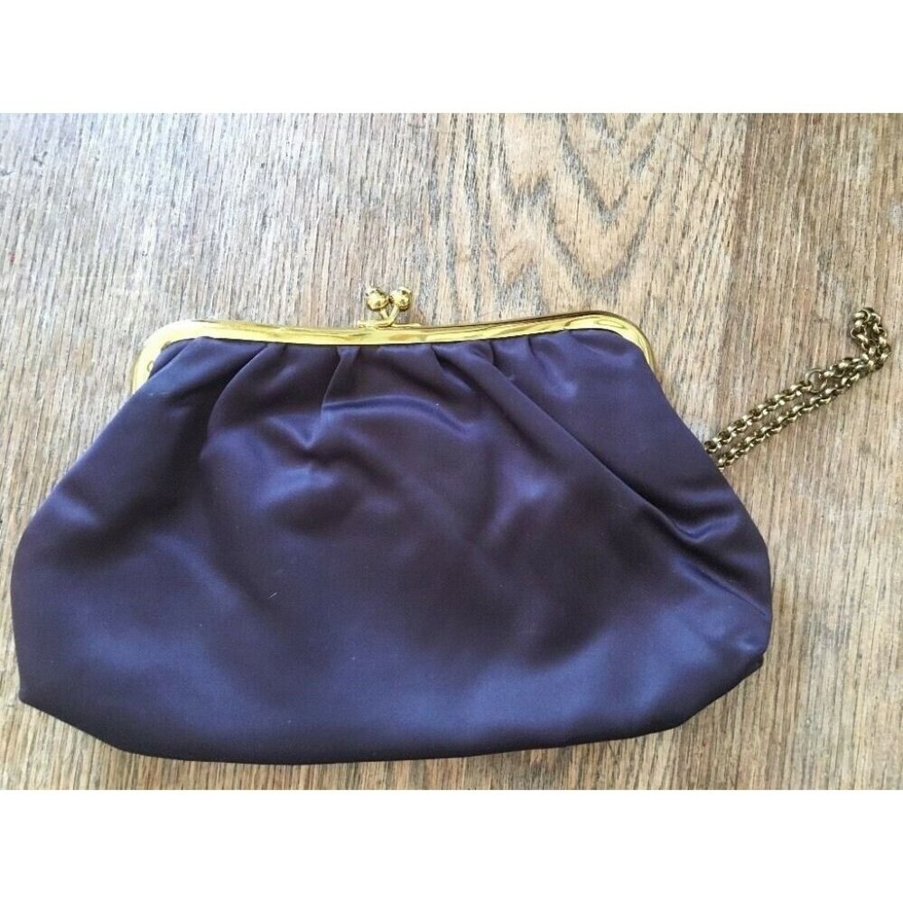 Vintage St Thomas Blue Satin Kiss Lock Clutch With Gold Chain